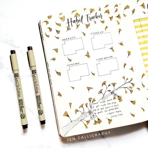 Bujo habit tracker with ginkgo leaves in autumn theme Bujo Leaves Theme, Bujo Habit Tracker, Bullet Journal Habit Tracker, Journal Habit Tracker, Habit Tracker Bullet Journal, Ginkgo Leaves, Ginkgo Leaf, Habit Tracker, Bullet Journal Inspiration