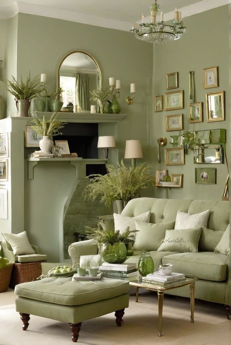 Sage Living Room Decor, Sage Green Lounge, Bright Sage Green, Olive Walls, Sage Green Kitchen Walls, Sage Green Cabinets, Victorian Lounge, Green Room Colors, Sage Living Room