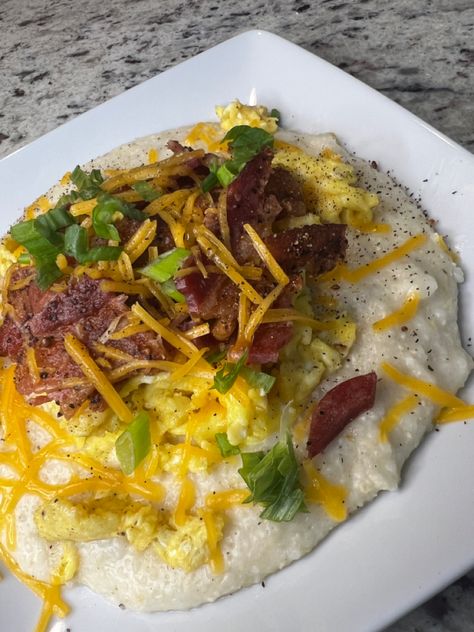 #breakfast #food Grits Aesthetic, Grits And Bacon, Greens Breakfast, Breakfast Grits, Bacon Grits, Grits And Greens, Grits Breakfast, Breakfast Bowls Recipe, Green Breakfast