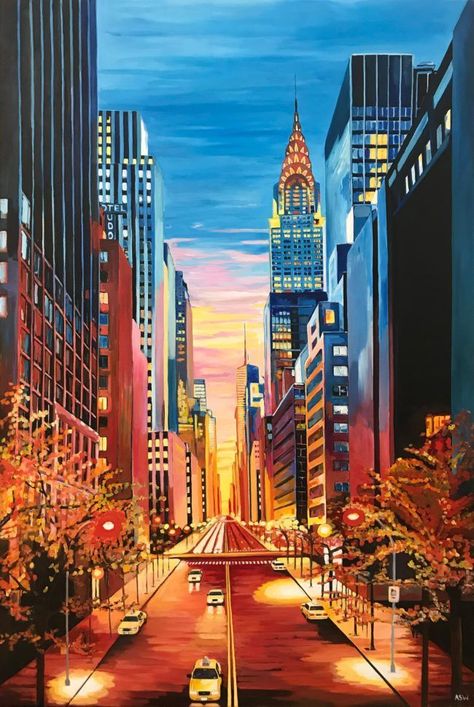 New York Painting, Andermatt, Building Painting, Ville New York, Abstract City, City Painting, Landscape Paintings Acrylic, Chrysler Building, Cityscape Art