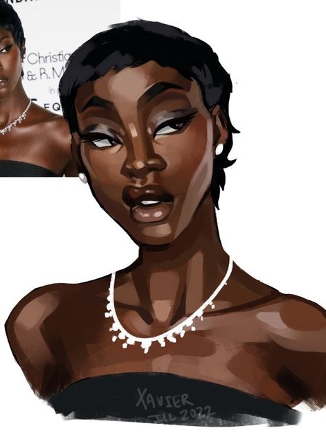 Shading Skin Drawing, Character Design Face Markings, Pixie Hair Drawing, Shocked Reference Drawing, Black Nose Drawing, Drawing Expressions Reference, Drawing Black Hairstyles, Black Woman Looking Down, Black Woman Hairstyle Drawing