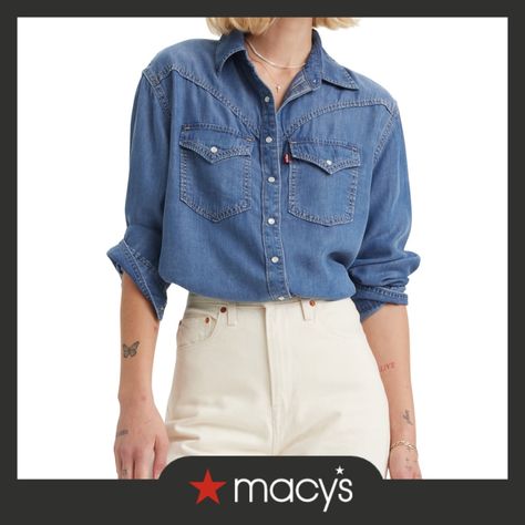 in stock Denim Shirt Over Dress, Shirt Over Dress, Denim Western Shirt, Denim Overshirt, Denim Button Down Shirt, Western Denim Shirt, Over Dress, Fall Capsule Wardrobe, Denim Button Down