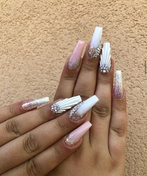 Ig Nails, Shell Nails, Neon Acrylic Nails, Long Coffin Nails, White Mermaid, Sketch Tattoo Design, Mermaid Nails, Coffin Nails Long, Nail Designs Glitter