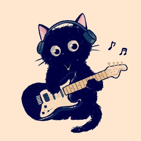 Black Guitar Icon, Cat Listening To Music Aesthetic, Black Kitten Drawing, Cat Profile Pictures, Cat Pfps, Kitten Drawing, Music Drawings, Animal Icon, Anime Expressions