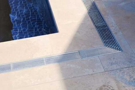 Overflow pools | Professione Piscina Drain Solutions, Overflow Pool, Stone Deck, Swimming Pool Decks, Swimming Pool Architecture, Alfresco Dining Area, Linear Drain, Pool Contractors, Backyard Pool Landscaping