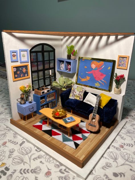 Mini Room Diorama, Miniature Model House, Living Room Diorama, Mini Diy House, Mini Room Craft, Cute Diorama, Room Model Diy, Mini Room Diy, Diaroma Ideas Projects