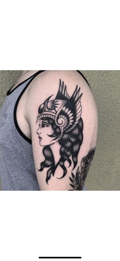 Viking Valkyrie Tattoo, Valkyrie Traditional Tattoo, Valkyrie Pinup Tattoo, Athena Tattoo Traditional, Goddess Tattoo Traditional, Greek Mythology Tattoos Traditional, Traditional Athena Tattoo, Viking Traditional Tattoo, Valkaryie Tattoo