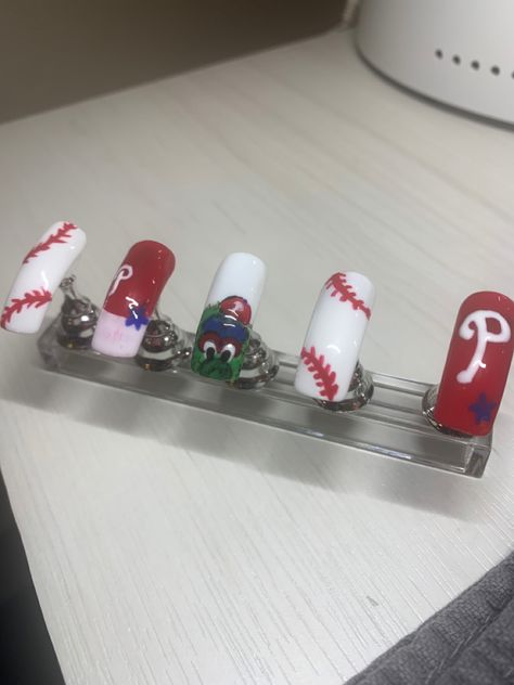 Nail art Phillies Nail Design, Philadelphia Phillies Nails, Phillies Nails, Baseball Nail Designs, Powder Blue Nails, Baseball Nails, Sports Nails, Baby Blue Nails, Gel Nail Art Designs