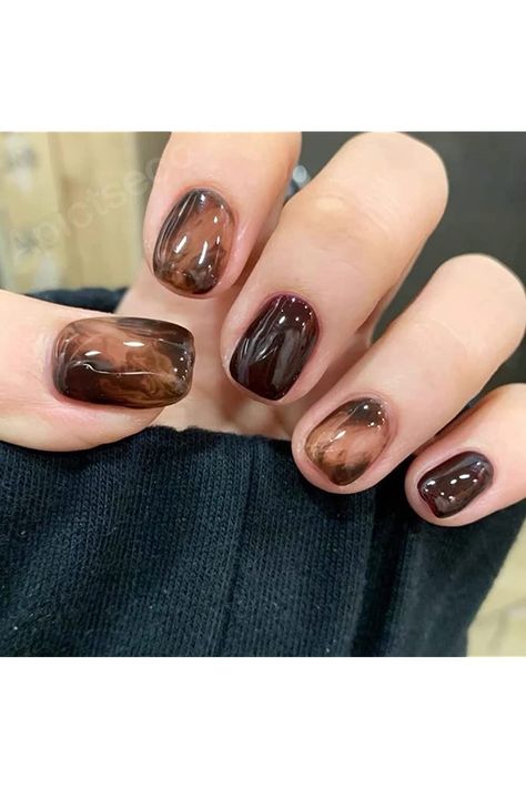 Apictseoo 24 Pcs Press on Nails Short False Nails Coffee French Designs Coffin Fake Nail Cute French Acrylic Nails, Nails With Brown, Nails Inspiration Short, Press On Nails Square, Office Nails, French Designs, Brown Nails Design, Short Press On Nails, Press On Nails Short