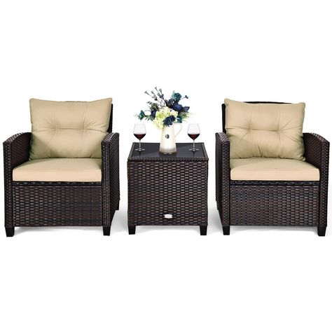 Costway 3 Piece Seating Group with Cushions & Reviews Rattan Patio Furniture, Rattan Outdoor Furniture, Rattan Furniture Set, Set Sofa, Outdoor Wicker Furniture, Outdoor Sofa Sets, Wicker Sofa, Beige Cushions, Glass Top Coffee Table