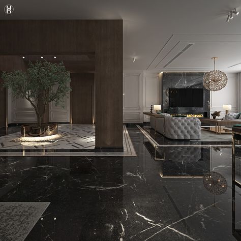 Luxury. on Behance Tiles Living Room, Black Floor Tiles, Luxury Living Room Design, Living Room Design Decor, Living Room Flooring, Best Interior Design, Floor Design, Black Marble, Luxury Home Decor