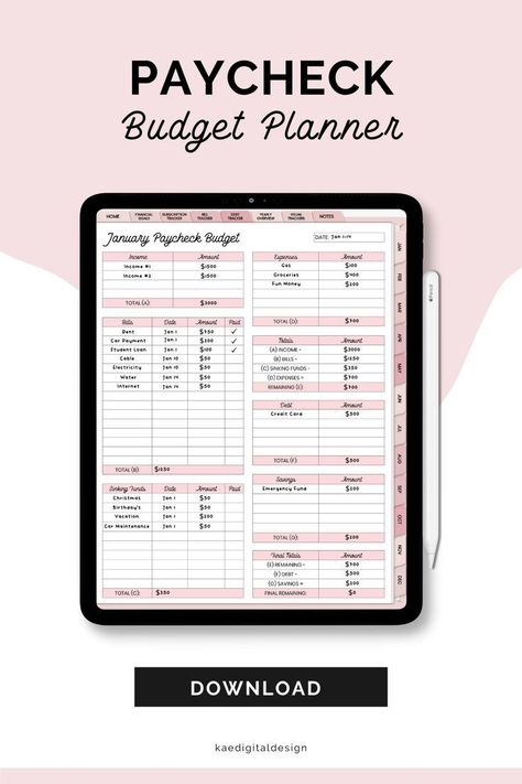 Digital Budget Planner | Digital Paycheck Planner | Kae Digital Design productplannerprintable #planner #plannercommunity🍸. Budget Planner App, Budget Digital Planner, Paycheck Planner, Ipad Planning, Digital Planner Ideas, Digital Budget Planner, Budget Planner Free, Budget Template Free, Wedding Budget Planner