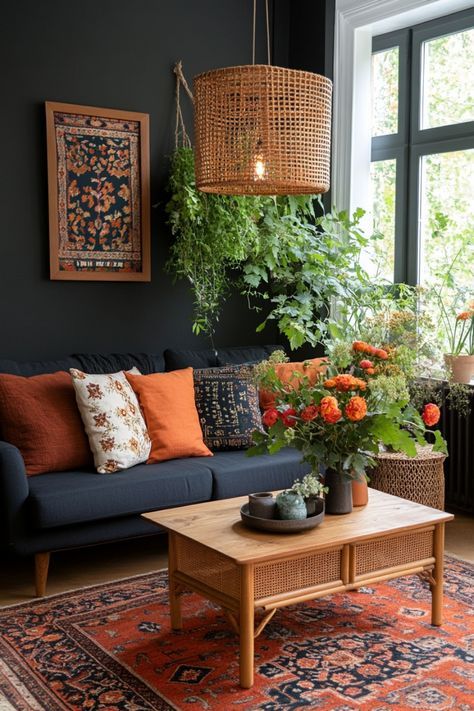 Boho End Tables Living Rooms, Dark Boho Office, Living Room Dark Couch, Scandanavian Interiors, Boho Living Room Decor Ideas, Dark Grey Couch Living Room, Dark Boho Living Room, Dark Grey Couches, Tapestry Ideas