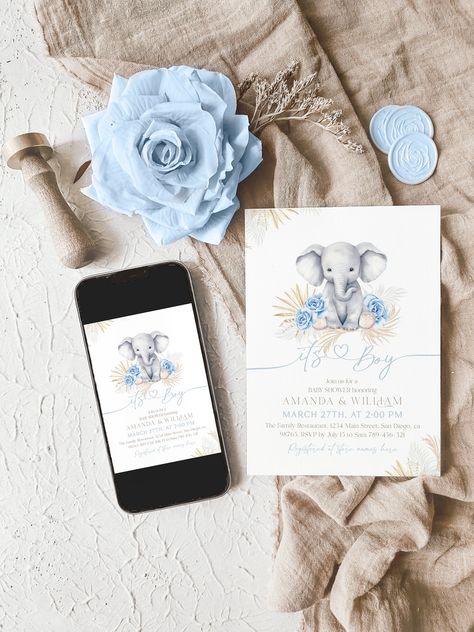 Editable Elephant Baby Boy Shower Invite, Blue Boho Floral It's A Boy Digital Invitation, Safari Theme For Baby Boy Invitation Safari Theme, Safari Baby Boy, Elephant Baby Boy, Blue Baby Shower Invitations, Boy Shower Invitations, Spring Baby Shower, Shower Bebe, Boho Theme, Invitation Baby Shower