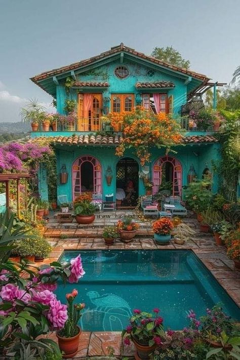 Colorful Mexican House, Caribbean Homes, Earth Sheltered, Gorgeous Doors, Mexican Home Decor, Mexican Home, Home Design Floor Plans, American House, Art Deco Home