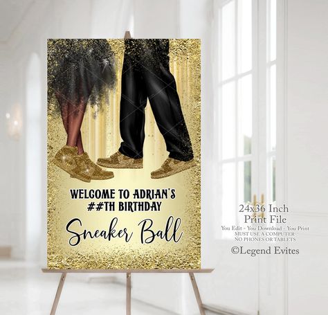 Sneaker birthday party welcome sign with cute gold sneakers with black dress on a pretty gold background. Size is 24x36 Inches, size cannot be changed. This sneaker party welcome sign can be personalized for any event. LARGE FILE - USE A COMPUTER OR LAPTOP FOR EDITING AND DOWNLOADING. WILL NOT WORK ON A PHONE OR TABLET. DESIGN COLLECTION: https://www.etsy.com/shop/LegendEvites?search_query=LG1 Demo: https://www.corjl.com/d/1MDM6K Your files are available for 60 days, and because our designs are Sneaker Birthday Party, Sneaker Ball Party, Sneaker Party, Ball Birthday Party, Sneaker Ball, Ball Birthday Parties, Gold Glitter Background, Party Welcome Sign, Ball Birthday