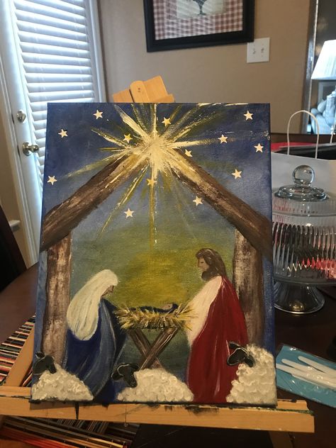 Holy Night by Jackie Pena Painting A Nativity Scene, English Journal, Pretty Little Fawn, Nativity Painting, Christmas Canvas Art, Christmas Paintings On Canvas, Holiday Painting, Nativity Crafts, Winter Painting