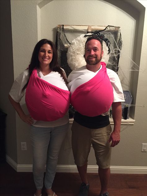 Bra Costume Couple, Couple And Third Wheel Costumes, Bra Halloween Costume, Sports Couples Costumes Halloween, Fantasy Couple Halloween, Funny Pregnant Couple Halloween Costumes, Couples Costumes Pregnant Wife, Matching Couple Costumes, Halloween Costumes Couples Interracial