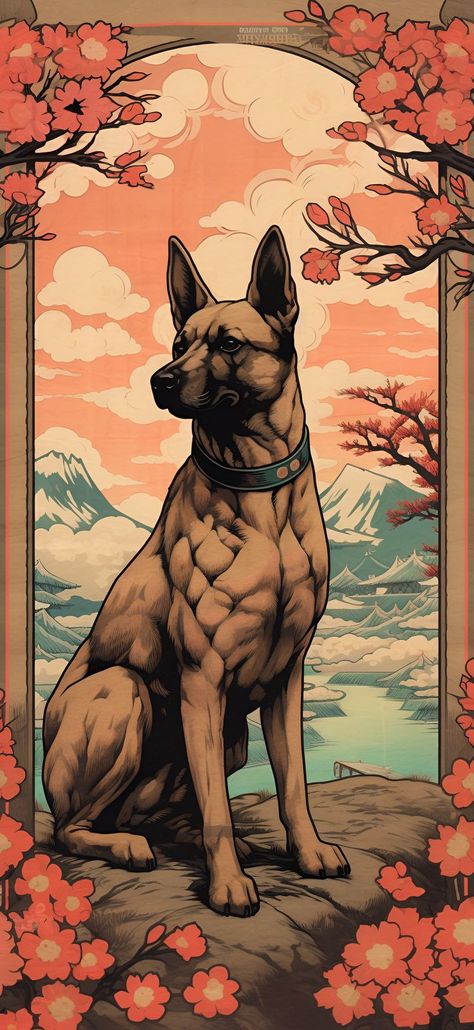 A Ukiyo-E style depiction of a Belgian Malinois sitting on an outcrop of rocks overlooking a mountain valley, perfect for an aesthetic phone wallpaper. Unique Wallpapers, Malinois Dog, Dog School, Aesthetic Wallpaper Iphone, Mountain Valley, Giant Dogs, Wallpaper Android, Super Cute Animals, Belgian Malinois