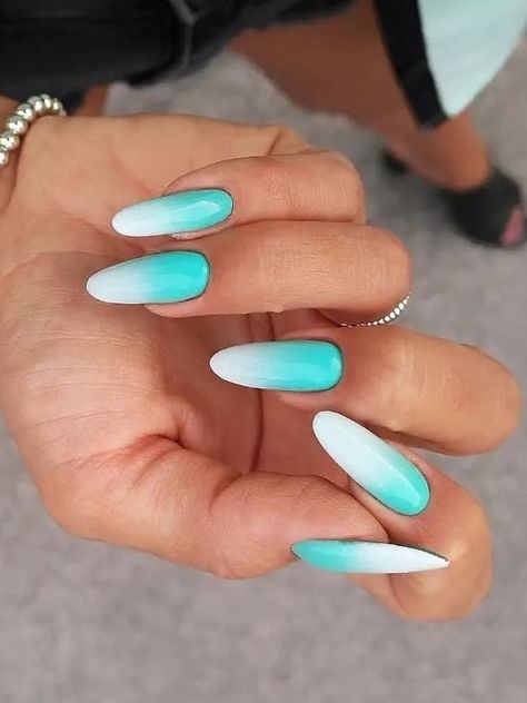 Long turquoise and white gradient nails Turquoise Nail Designs, Nail Makeover, Ombre Nail Colors, Orange Ombre Nails, Teal Nail Designs, Black Ombre Nails, Red Ombre Nails, Purple Ombre Nails, Blue Ombre Nails