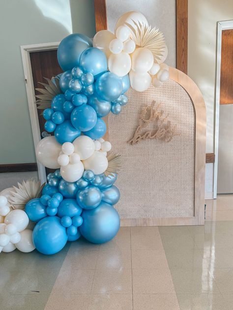 Rattan arch paired with a soft neutral boy themed balloon garland and leaf fans. Wooden sign that says 'Oh-Baby' Themed Balloon Garland, Soft Palette, Balloon Garland, Wooden Sign, Wooden Signs, Little One, Arch, Balloons, Instagram