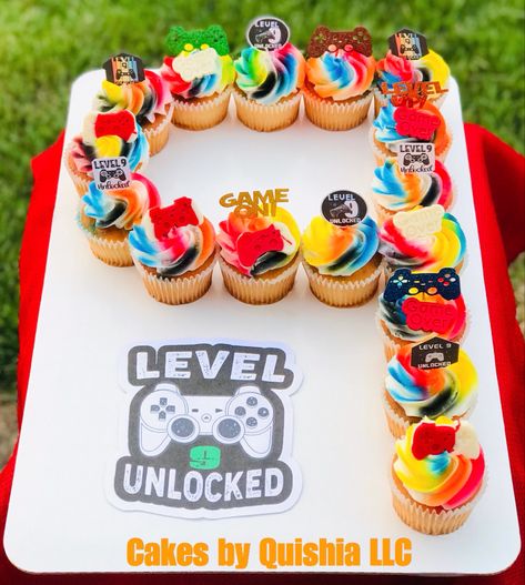 #cupcakes #cake #game #ps4 #ps5 #playstation #xbox #birthday #9thbirthday #birthdayboy #level9 Level Up Cupcakes, Gaming Cupcakes For Boys, Game On Cupcakes, Gaming Cupcakes, Playstation Cupcakes Toppers, Pull Apart Cupcake Cake Game Controller, Xbox Controller Cupcake Cake, Game Ps4, 9th Birthday Cake