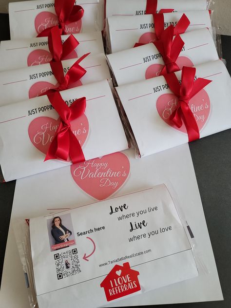 25 Red Valentine Real Estate wrappers for pop by marketing - custom template print out with ribbons and "I love referrals" stickers- Custom your info, qr code and weblink and you are set! #valentinerealestatemarketing #valentinerealestatepopbys #valentinepopbys #handmadepopbysbytania Real Estate Valentines Day Pop By, Client Valentine Gift Ideas, Valentines Pop Bys, Valentine Pop By Ideas Real Estate, Real Estate Pop By Ideas, I Love Referrals, Valentine Package, Client Gifts Business, Pop Bys Real Estate