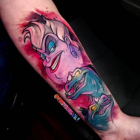 Disney Villain Tattoo, Ursula Tattoo, Disney Watercolor Tattoo, Little Mermaid Tattoo, Disney Inspired Tattoos, Disney Sleeve Tattoos, Galaxy Tattoo, Circle Tattoos, Wolf Tattoo Design