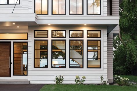 House With Black Windows, Black Windows Exterior, Modern Beach Cottage, Black Window Frames, Marvin Windows, Farmhouse Windows, House Window, White Windows, Modern Farmhouse Exterior