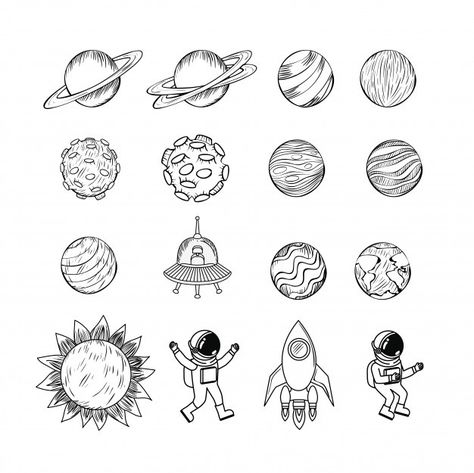 Grande conjunto de giros astronautas no espaço, planetas, estrelas, alienígenas, foguetes, ufo, constelações, satélite, moon rover. ilustração vetorial | Vetor Premium Ufo Drawing, Ufo Tattoo, Planet Icon, Planet Drawing, Small Tats, Space Drawings, Drawing Color, Tattoo Style Drawings, Drawing Simple