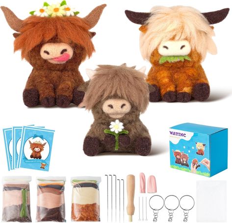 Unleash your creativity with the WATINC Highland Cow Needle Felting Kit! This set includes everything you need to create three different Highland Cow dolls. The kit comes with wool felt, needles, finger cots, a foam pad, a wooden handle, and keychains. It's perfect for art classes, school parties, or family gatherings. Let your imagination run wild and decorate your bag or house with these charming creations. A great gift for friends and kids who love needle crafting. Get your WATINC N Needle Felted Reindeer, Needle Felting Flowers, Felt Crafts Dolls, Felting Tools, Needle Felting Tools, Finger Cots, Needle Felting Supplies, Felt Dog, Wool Felting