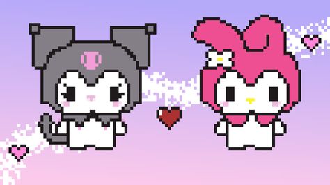 pixel art drawing of sanrio characters kuromi and my melody Kuromi Computer Wallpaper, Kuromi Desktop Wallpaper Hd, Kuromi Desktop Wallpaper, My Melody Pixel Art, Pink Y2k Wallpaper, Kuromi Purple, Pixel Art Wallpaper, Kuromi And My Melody, Wallpaper Windows 10