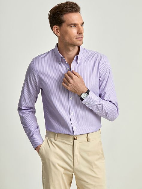 Lilac Purple Work  Long Sleeve Cotton Striped Shirt  Non-Stretch Spring/Fall Men Tops Mens Lavender Dress Shirt Outfit, Lavender Mens Outfit, Pastel Mens Outfits, Violet Shirt Outfit Men, Men Pastel Outfit, Lavender Shirt Outfit Men, Boys Hoco Outfit, Beige Trousers Outfit Men, Lavender Shirt Outfit