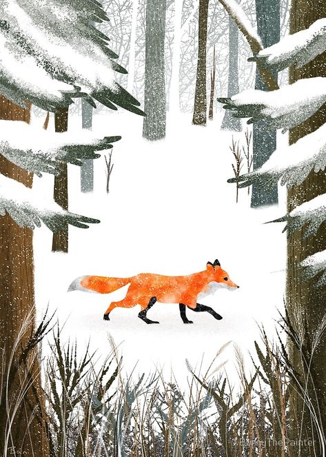 Fox Art Print, Winter Art Projects, Winter Illustration, Fox Illustration, Christmas Card Set, Luxury Christmas, Xmas Card, Nordic Christmas, Late Winter