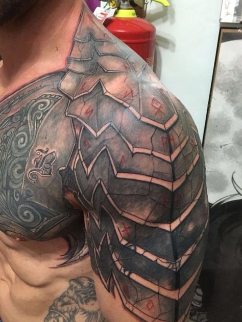 Pin by Thomas Hawkins on tattoos | Armor tattoo, Shoulder ... #tattooideas #chesttattoos Chest To Shoulder Tattoo, Armor Sleeve Tattoo, Tattoo Warrior, Armor Of God Tattoo, Armour Tattoo, Shoulder Armour, Shoulder Armor Tattoo, Body Armor Tattoo, Armor Tattoo