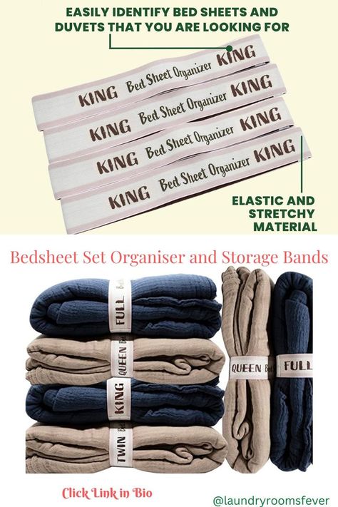 FIND YOUR SHEETS EASILY - ECOHomes sheet organizers and storage bands helps you to easily identify your bedding sets and duvets! You no longer have to waste time finding the correct bedsheet, not to mention refolding and storing them up again! EASY TO USE - Fold your own beddings as normal then simply wrap around with the bedding bands, SPACE SAVER STRETCHABLE AND DURABLE - Strong elasticity ensures that it won’t sag over time. QUALITY MATERIAL - Comes in 4 sizes of KING, QUEEN, TWIN and FULL. Sheet Organizer, Closet Organisation, King Bed Sheets, Storage Labels, Laundry Room Organization, Organizer Storage, Space Saver, Linen Closet, Twin Bed