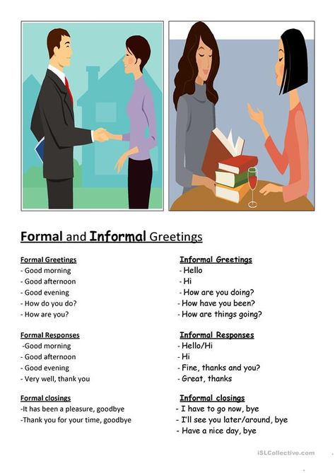 Formal & informal greetings - English ESL Worksheets 6th Grade English, Ways To Say Hello, Conversation Skills, English Activities, Vocabulary Worksheets, Words To Use, Esl Teaching, Reading Comprehension Worksheets, Learn English Vocabulary