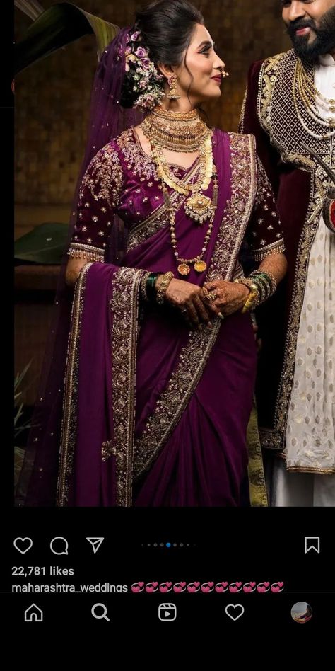 Peshwai Bridal Look, Purple Nauvari Saree Bride, Purple Navari Saree Marathi Bride, Velvet Nauvari Saree Brides, Velvet Navari Saree Marathi Bride, Purple Nauvari Saree, Kasta Saree Look, Shalu Saree Maharashtrian For Bride, Shalu Saree Maharashtrian