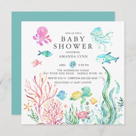 Cute Under the Sea Baby Shower Invitation - Popular Zazzle Product! Best choice, tags : #invitations, #tshirt, #card, #InvitationsCard, #legging, #trending, #holiday Beach Bridal Shower Invitations, Ocean Baby Showers, Beach Bridal Showers, Sea Baby Shower, Watercolor Baby Shower, Baby Shower Invitaciones, Sea Birthday, Shower Themes, Jelly Fish