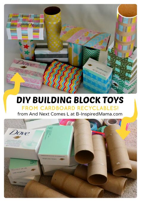 Simple DIY Toys for Kids - Building Blocks from Recyclables at B-Inspired Mama #kids #diy #earthday #recycling #binspiredmama #kbn Easy Diy Toys, Diy Toys For Kids, Recycled Building, Construction Art, Diy Cardboard Toys, Recycling For Kids, Blocks Preschool, Kids Building, Art Construction