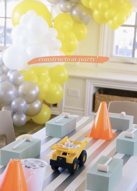 Meri Meri Construction Party, Pastel Construction Party, Muted Construction Party, Muted Construction Birthday Party, Excavator Party, Construction Party Cakes, Construction Themed Party, Digger Birthday, Tractor Birthday Party