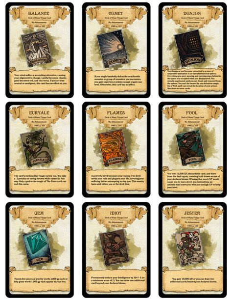 Deck of Many Things Cards! All 22 cards from the Deck of Many Things in easy to print and play playing cards. They are made to... Deck Of Many Things, Dnd Items, Dungeon Master's Guide, D D Items, Dnd Dragons, Tabletop Rpg Maps, Dnd 5e Homebrew, Heroic Fantasy, Dragon Rpg