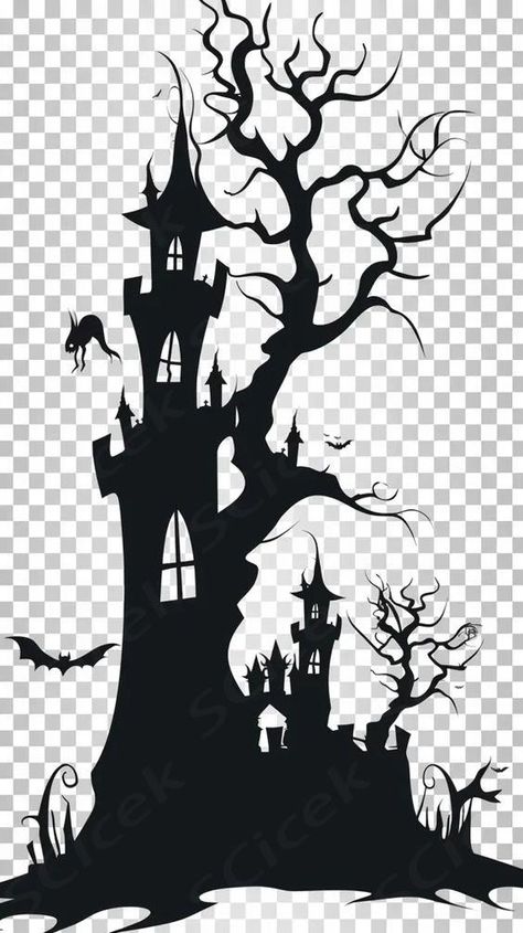 Haunted House Silhouette Art, Halloween Silhouette Art, Haunted House Silhouette, House In Forest, Forest Halloween, Halloween Projector, Forest Svg, Haunted Tree, Bats Flying