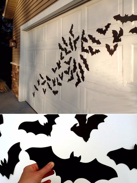 Garage Door Halloween, Door Halloween Decorations, Spooky Halloween Decor, Decorate For Halloween, Halloween Bat Decorations, Halloween Decor Ideas, Plastic Pumpkins, Gold Candle Sticks, Scary Mask