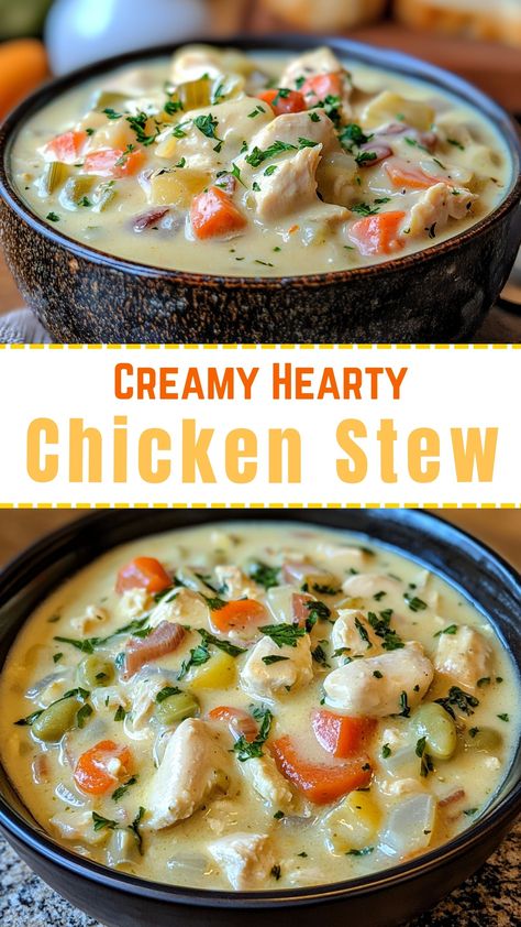 Easy Chicken Recipes: Creamy Hearty Chicken Stew White Chicken Stew, Creamy Chicken And Veggies, Cream Of Chicken Stew, Creamy Chicken Stew Instant Pot, Soups With Chicken Thighs, Creamy Chicken And Vegetable Soup, Chicken Breast Stew Recipes, Creamy Chicken Stew Crockpot, Creamy Chicken Stew Recipe