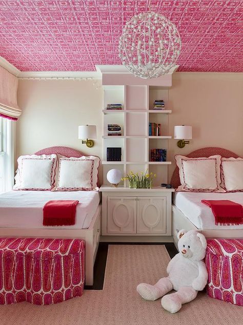 Girls Bedroom Red, Contemporary Girls Bedroom, White And Pink Bedding, Andrew Howard, Stray Dog Designs, Pink Headboard, Shared Girls Room, Hot Pink Wallpaper, Girls Room Wallpaper