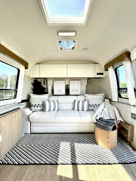 Airstream For Sale, Airstream Trailers For Sale, Airstream Interior, Hue Lights, Convertible Furniture, Airstream Trailers, Down Comforter, 75th Anniversary, Multifunctional Furniture