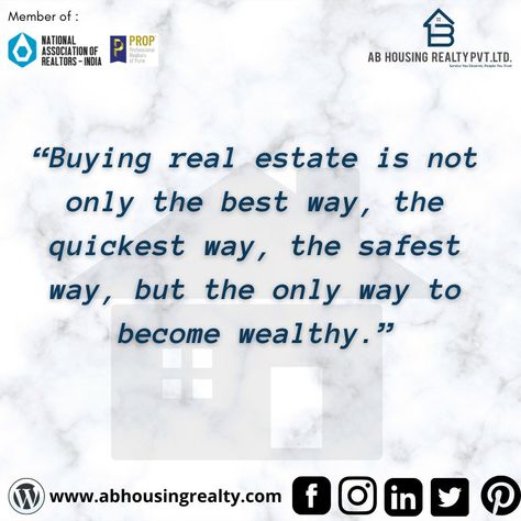 “Buying real estate is not only the best way, the quickest way, the safest way, but the only way to become wealthy.” #abhousingrealtypvtltd #realestatelife #pune #PCMC #housing #punecity #investments #residentialproperty #commercialproperty Space Quotes, Become Wealthy, Commercial Space, Home Quotes And Sayings, Commercial Property, The Only Way, Pune, You Deserve, Real Estate