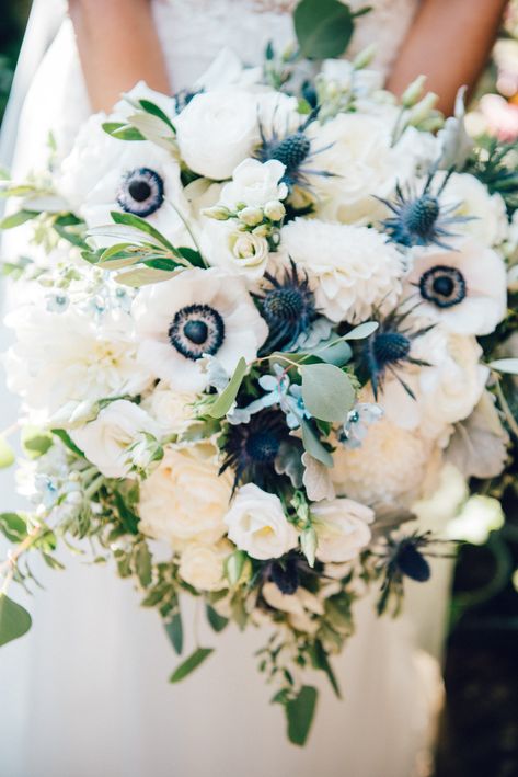 Katy and Dan – hana floral design weddings and events Ivory And Blue Bridal Bouquet, Scottish Bridal Bouquet, Navy Blue And Green Wedding Decorations, Simple Bridal Bouquet Winter, Navy Blue Floral Arrangements, White Green And Blue Bridal Bouquet, Anenome Wedding Flowers, Anenome Bouquets, Navy Flower Bouquet