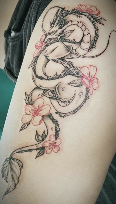 Haku Dragon Tattoo Leg, Haku Dragon Tattoo Back, Haku Leg Tattoo, Ghibli Dragon Tattoo, Haku Back Tattoo, Anime Dragon Tattoo, Haku And Chihiro Tattoo, Haku Tattoo Design, Dragon Hip Tattoo